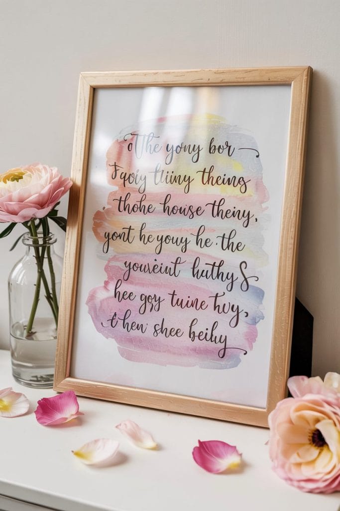 Handwritten quote art with watercolor and pressed flowers