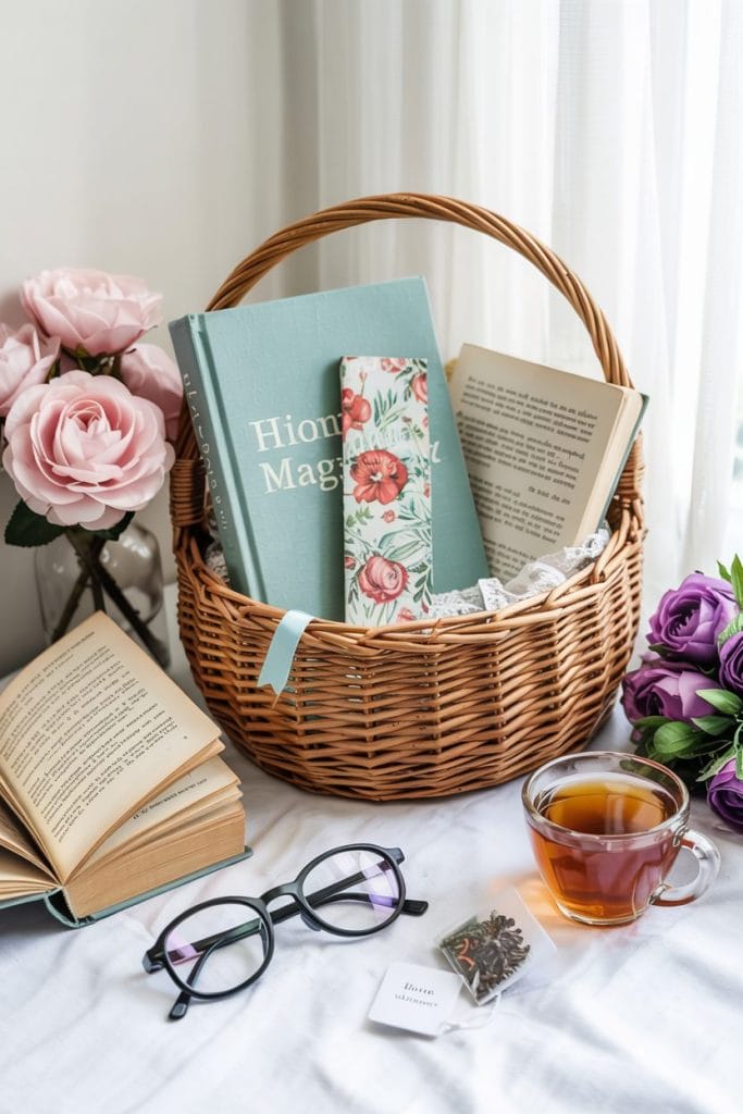 Book club starter gift box with novel, bookmark, and tea