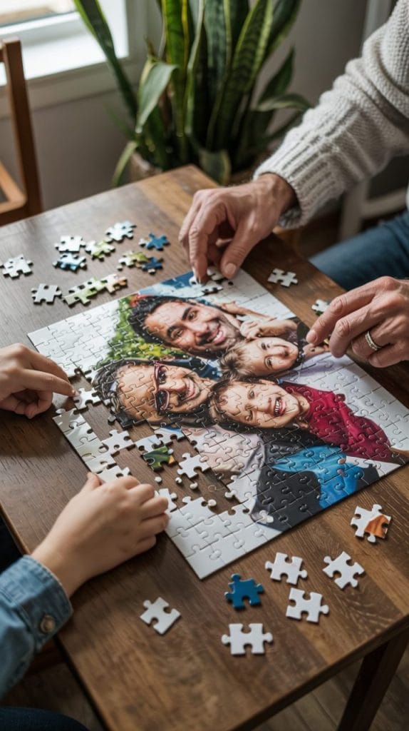 Custom family photo puzzle on wooden table