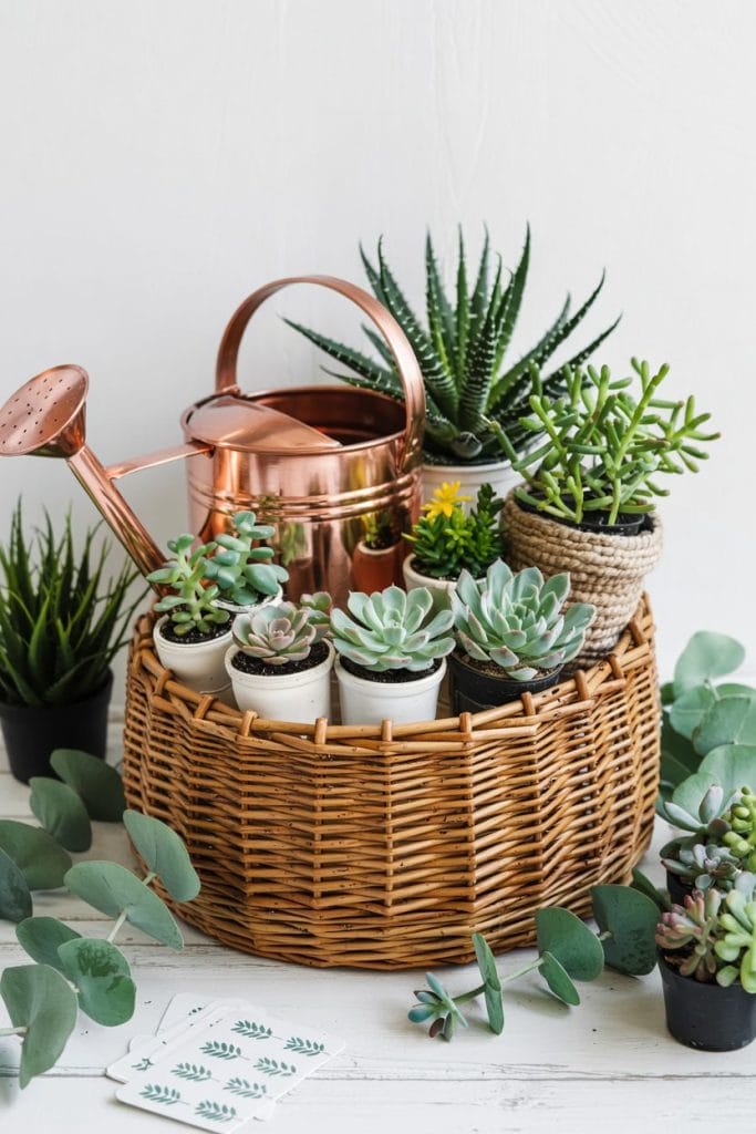 Plant mama gift crate with succulents and watering can