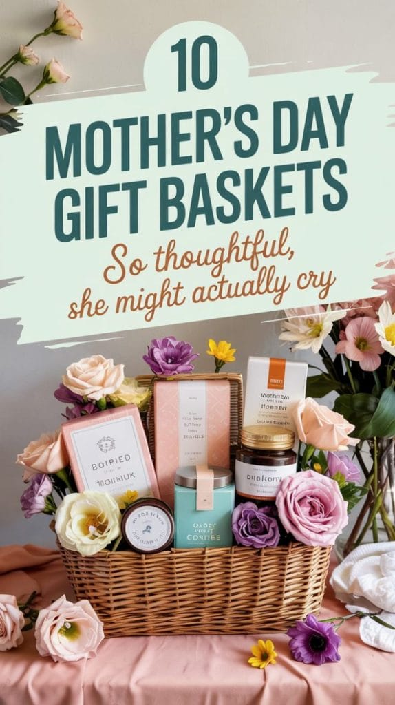 Mother's Day gift box and basket ideas with themed presentations on a cream linen background