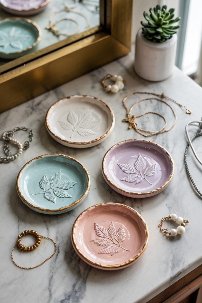 Botanical clay jewelry dishes with leaf impressions