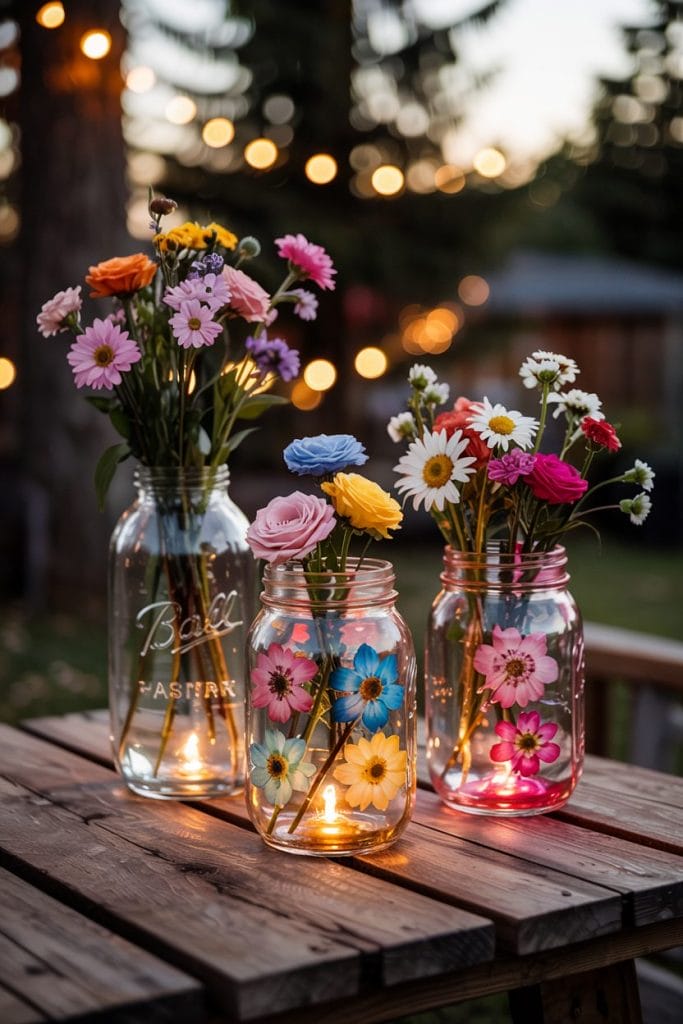 Pressed flower mason jar lanterns with warm glow