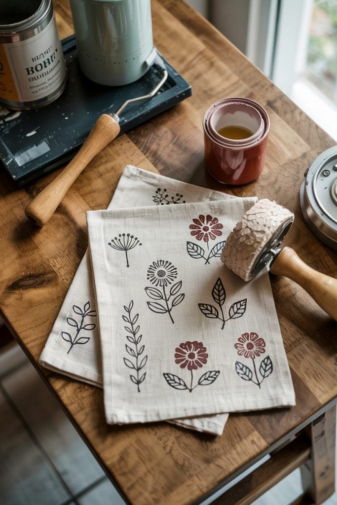 Hand-stamped linen napkins with floral patterns
