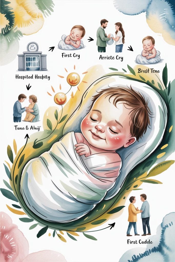 Personalized birth story watercolor illustration