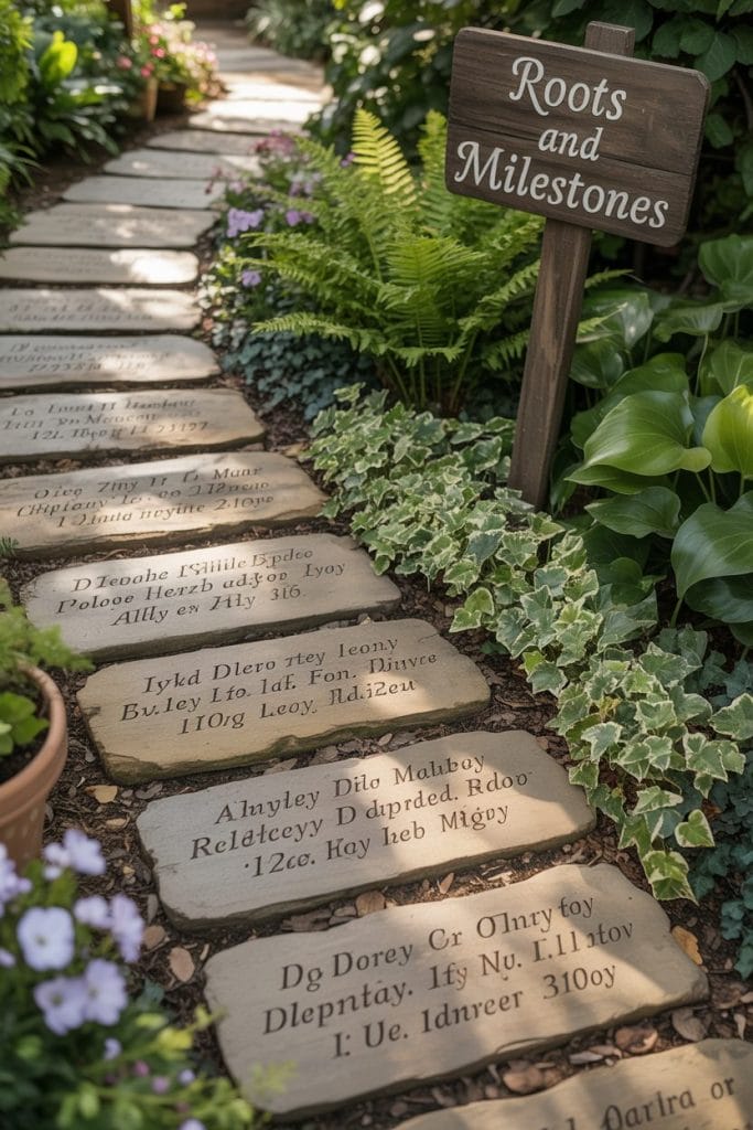 Personalized milestone garden stones along a garden path