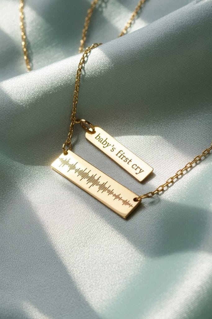 Custom sound wave necklace from baby's first cry