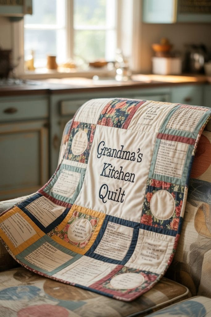 Custom embroidered family recipe quilt