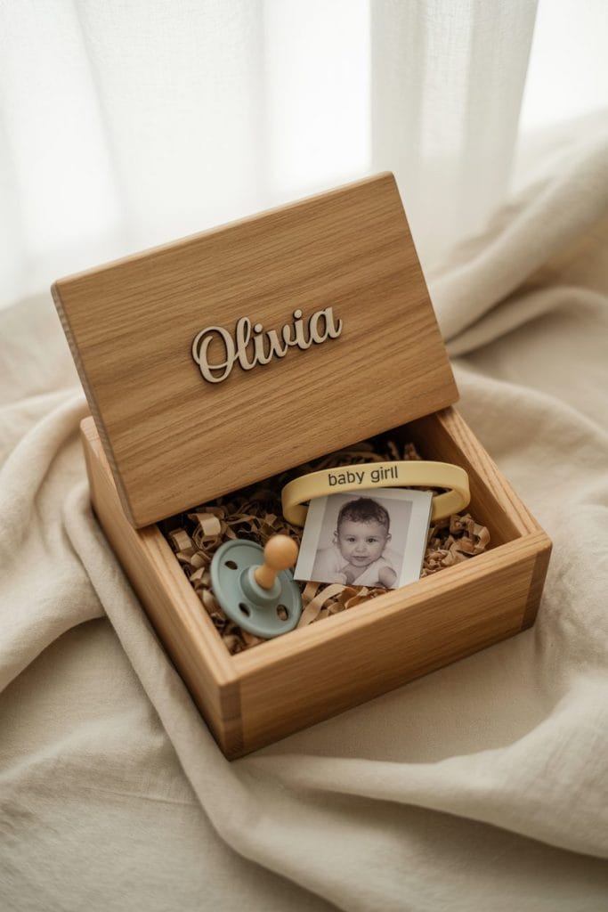 Wooden milestone memory capsule box for baby keepsakes