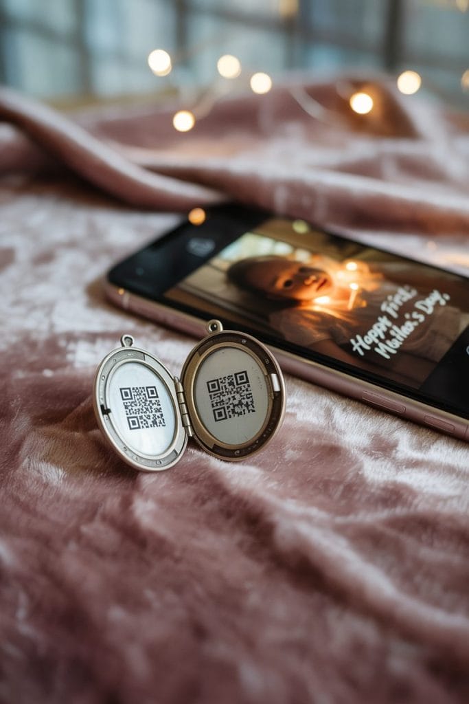 Audio message locket with QR code for new mom