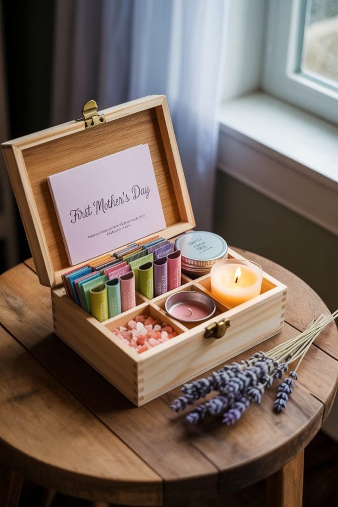 New mom self-care puzzle box with wellness items