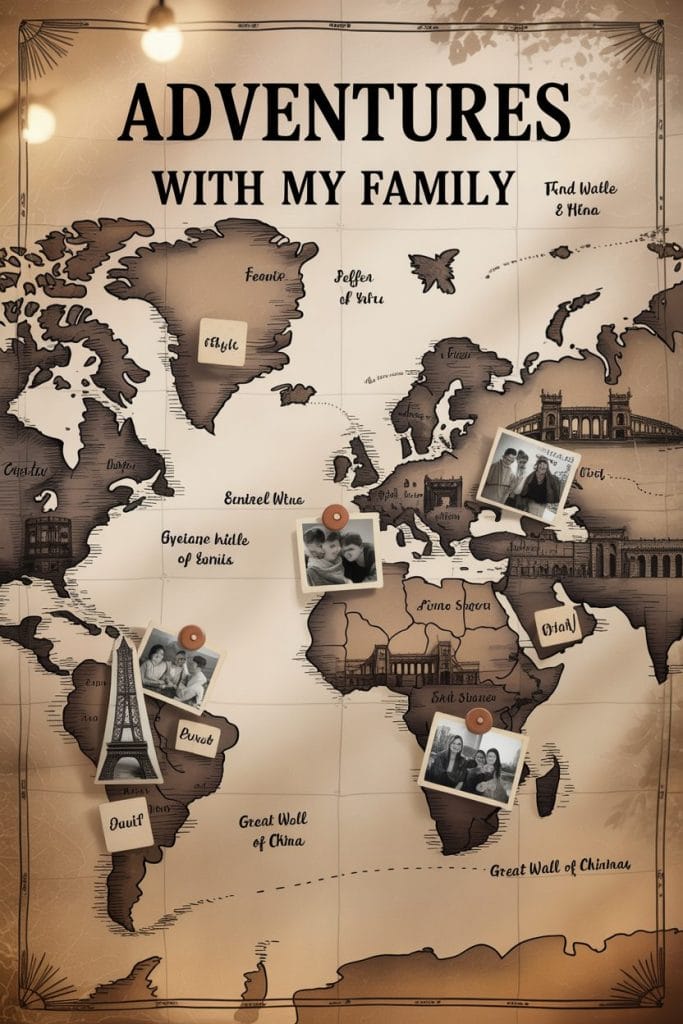 Family travel map with personalized pins and labels