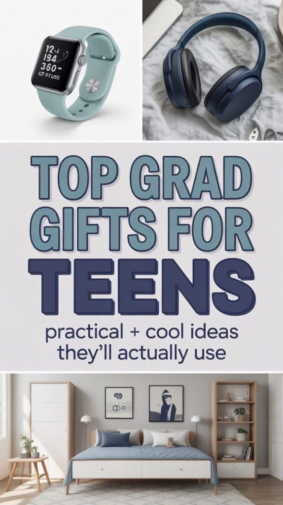 high school graduation gift ideas collage featuring smartwatch travel map and photo frame