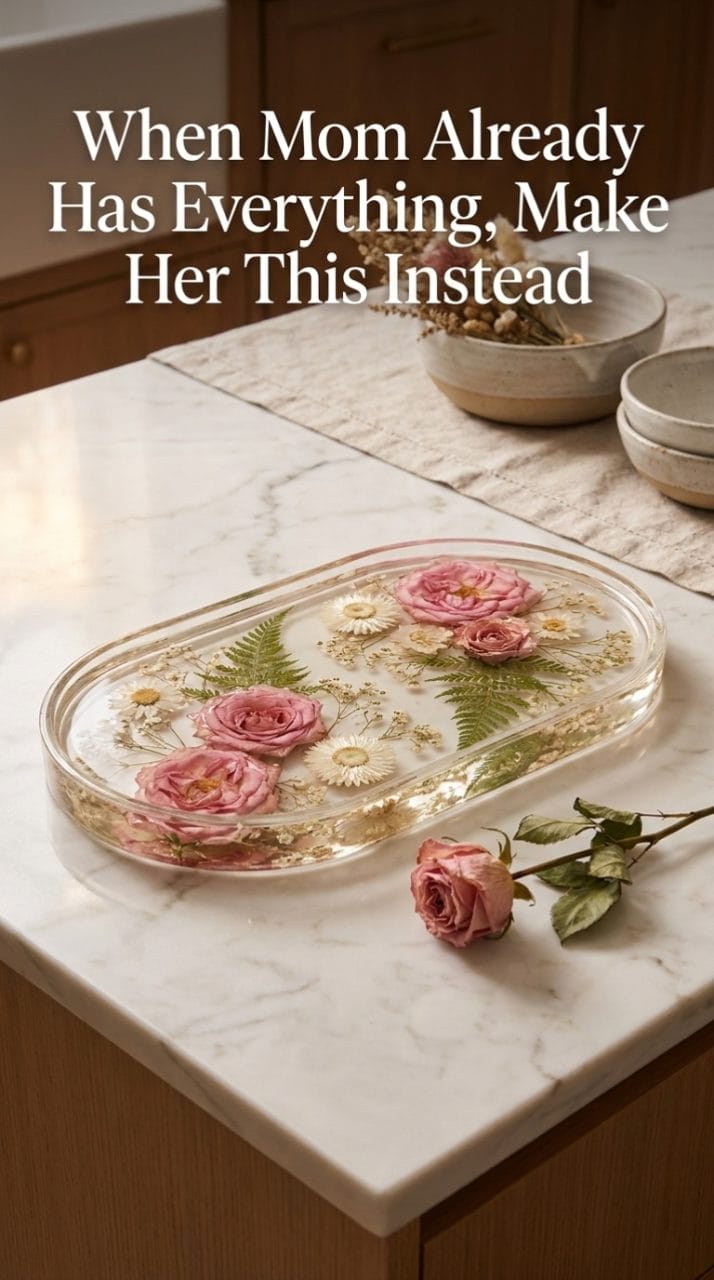 Homemade Mother's Day gifts that look expensive -- spa set, pressed flower frame, and candle arranged on a wooden table