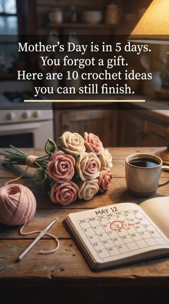 Pastel collage of crochet Mother's Day gifts including a rose bouquet wrapped in kraft paper, a sage green market tote, and a chunky cream granny square blanket on a linen chair.