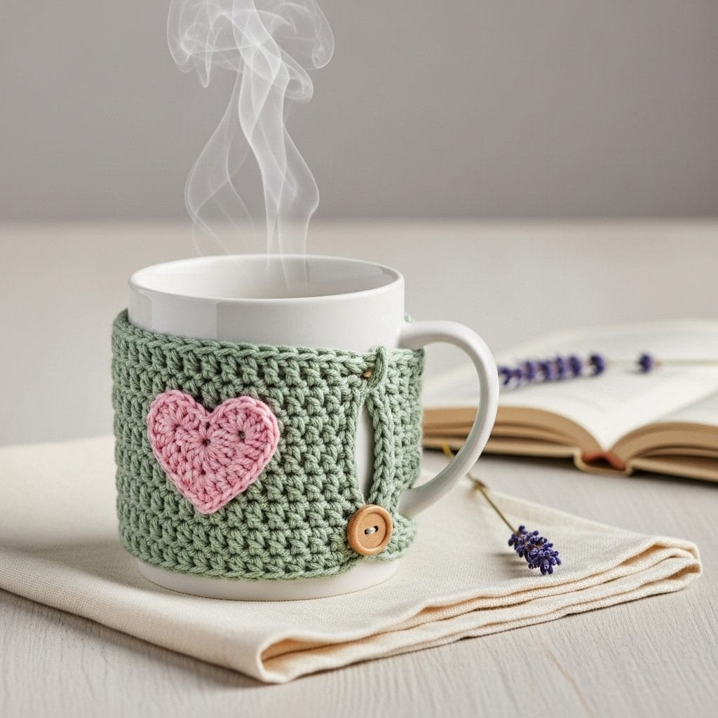 White ceramic mug wrapped in a sage green crochet mug cozy with a small pink heart detail beside an open book and dried lavender.