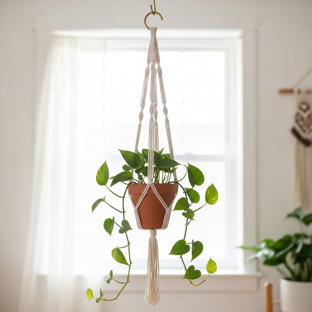 Cream cotton crochet plant hanger holding a small terracotta pot with a trailing pothos plant in front of a softly lit white window.