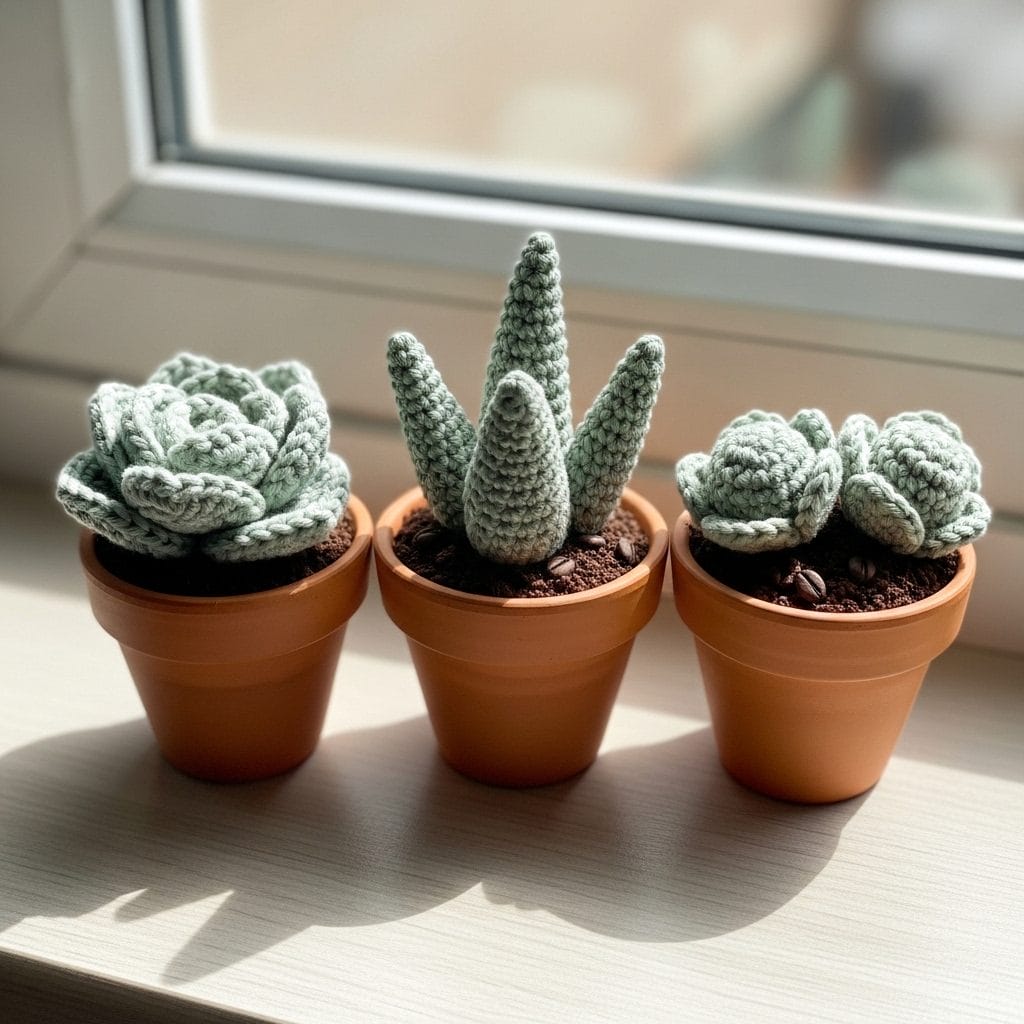 Three handmade crochet amigurumi succulents in mismatched terracotta pots on a sunny windowsill, a Mother's Day gift idea for plant lovers.