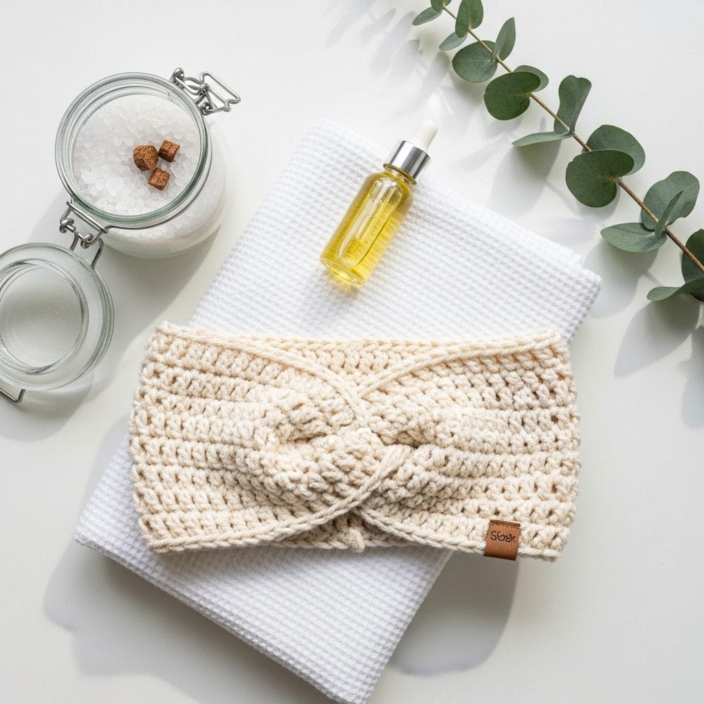 Twisted-front crochet spa headband in cream cotton-bamboo yarn styled as a flat lay with bath salts, facial oil, and a sprig of eucalyptus.
