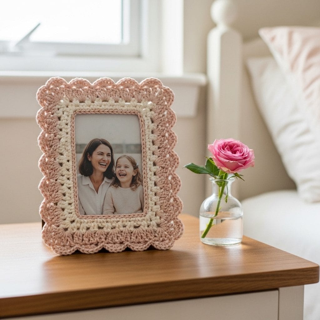 Handmade crochet photo frame in cream and blush yarn with a scalloped border holding a softly faded photograph of a mother and daughter.