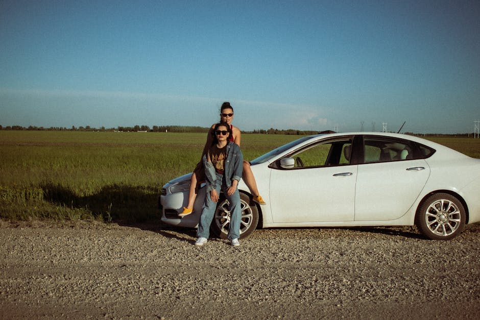 two adults enjoying a scenic road trip stop by a car in a sunny field