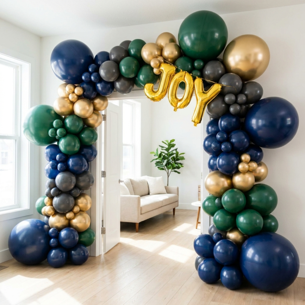 Navy, green, and gold balloon arch over a doorway with gold foil letter balloons for a Father's Day backdrop