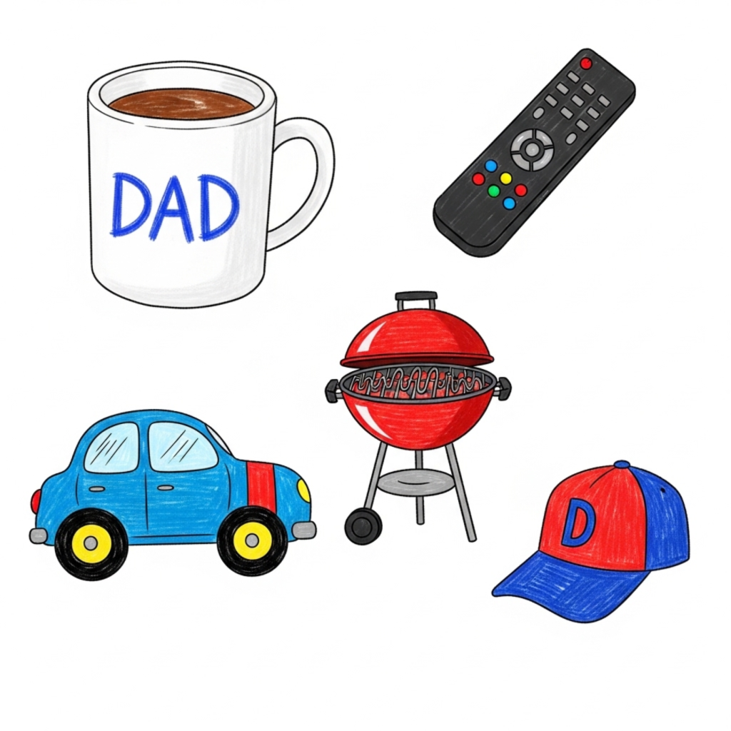 Kid's doodle drawing of Dad's favorite things including a coffee mug, car, and grill