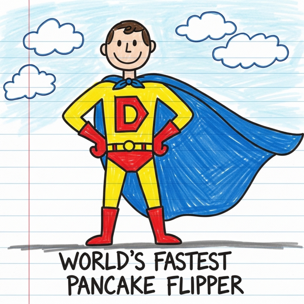 Child's Father's Day drawing of Dad as a superhero with a flowing cape