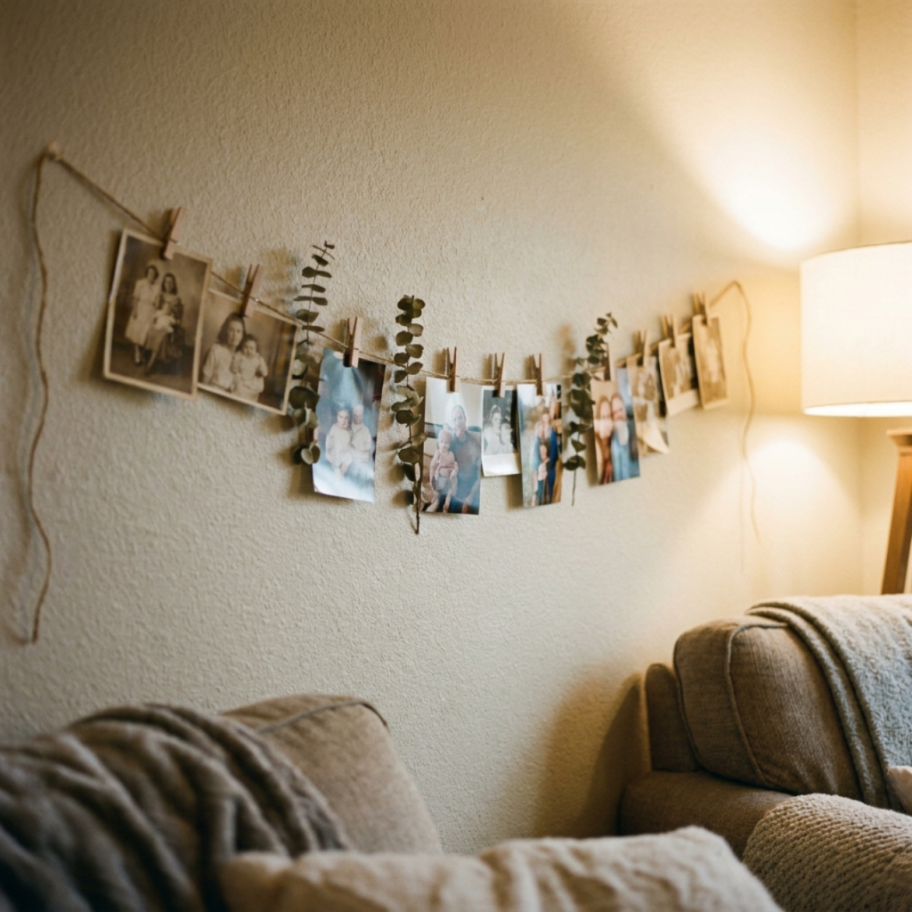 Family photos clipped to a twine memory wall with clothespins and eucalyptus as a Father's Day decoration