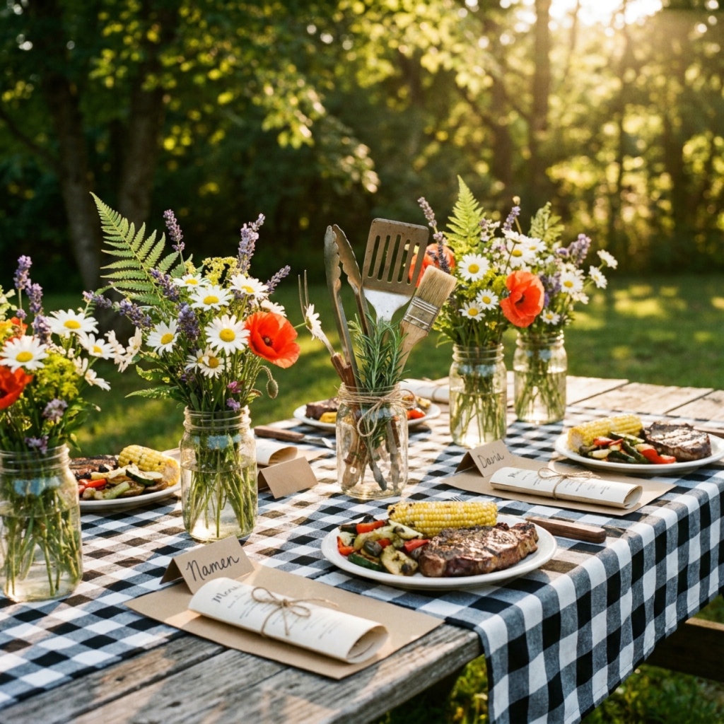 Rustic outdoor Father's Day table with a checkered runner, mason jars of wildflowers, and a grilling-tool centerpiece