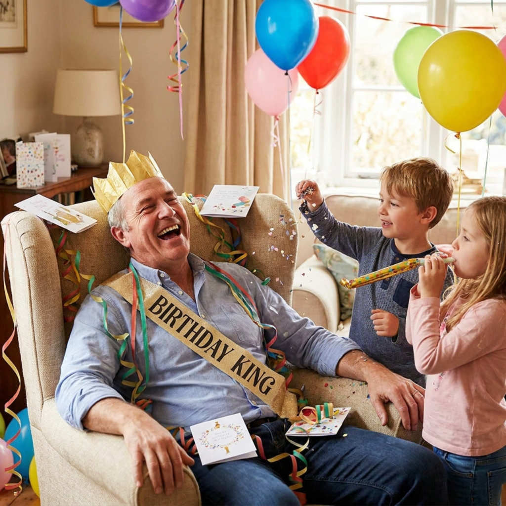 Laughing dad in an armchair wearing a gold crown and king sash while two kids celebrate with balloons and streamers