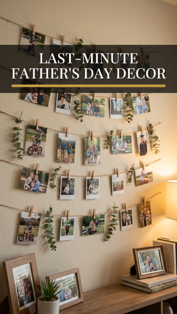 Father's Day photo memory wall decoration with family snapshots clipped to twine and eucalyptus sprigs