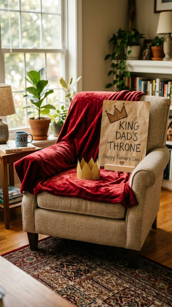 King Dad's Throne armchair draped with a red throw and a gold paper crown as a Father's Day decoration