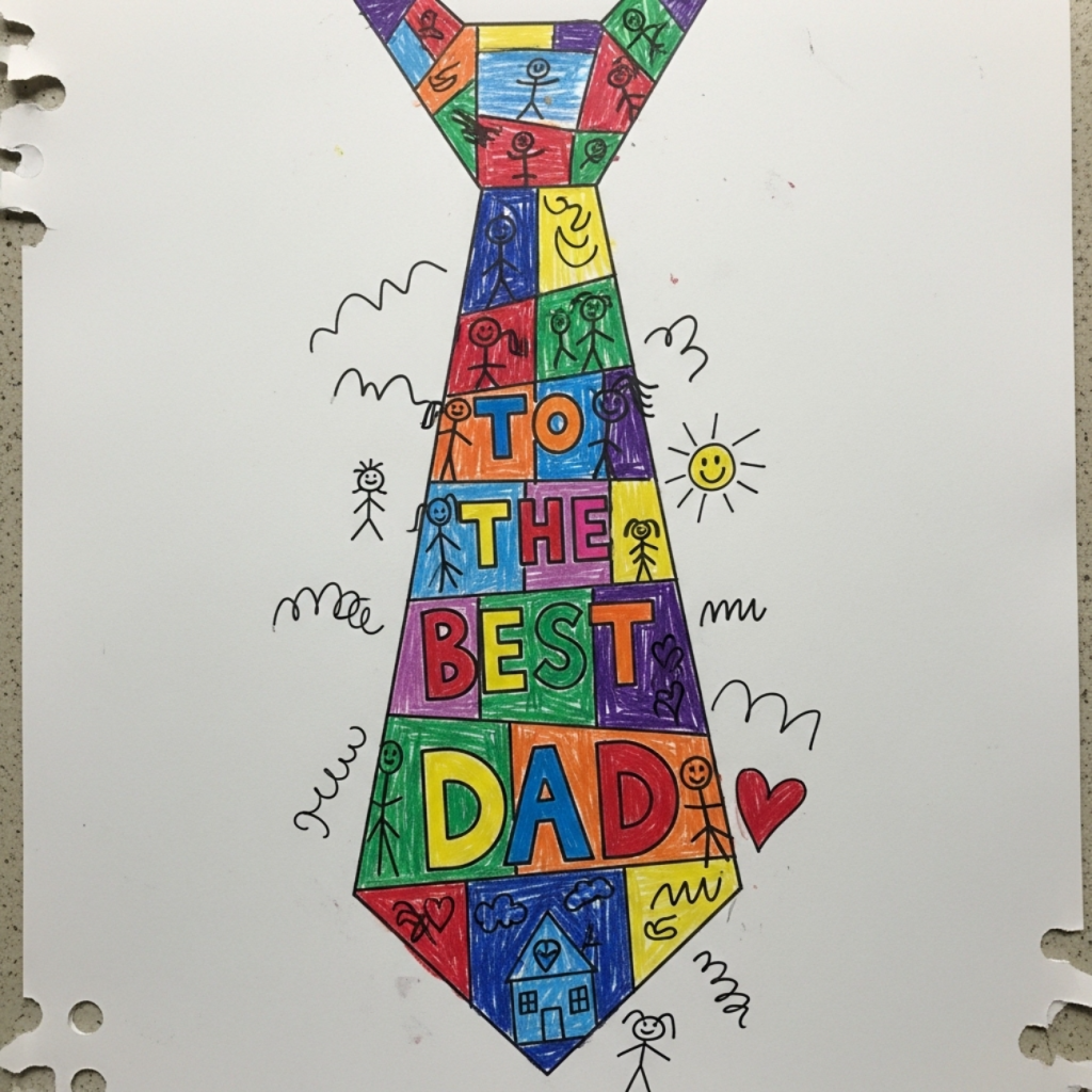 Child's crayon Father's Day drawing of a colorful necktie with Best Dad written above it