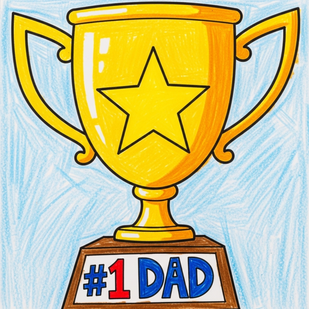 Kid's Father's Day drawing of a gold number one Dad trophy with a star