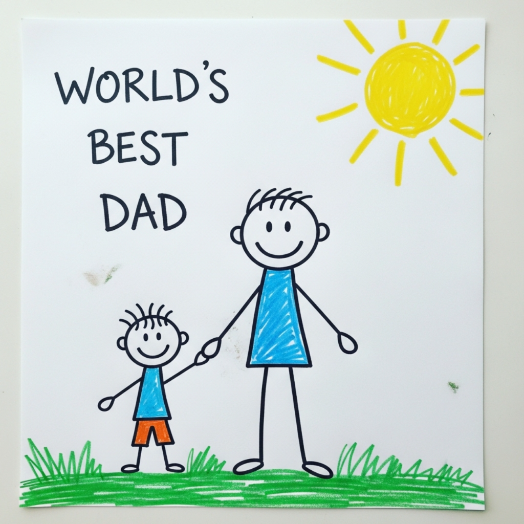 Child's stick-figure Father's Day drawing of a kid holding hands with Dad under a sun