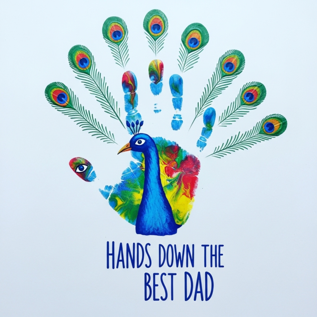 Child's handprint turned into a colorful peacock for an easy Father's Day drawing