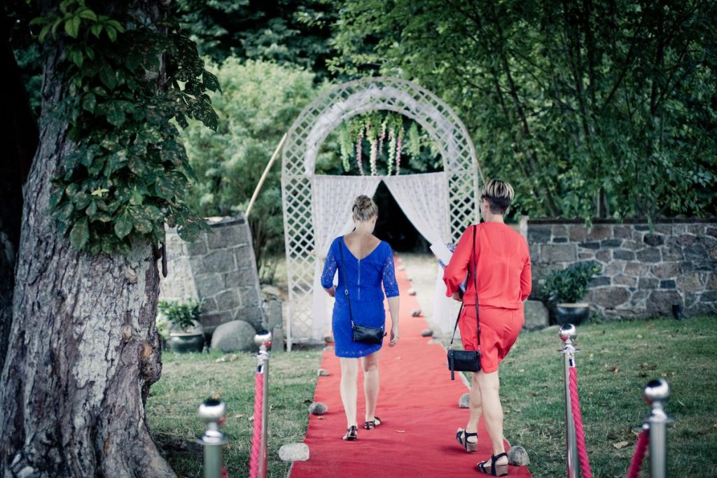 Guests dressed up walking a red carpet for an award show watch party