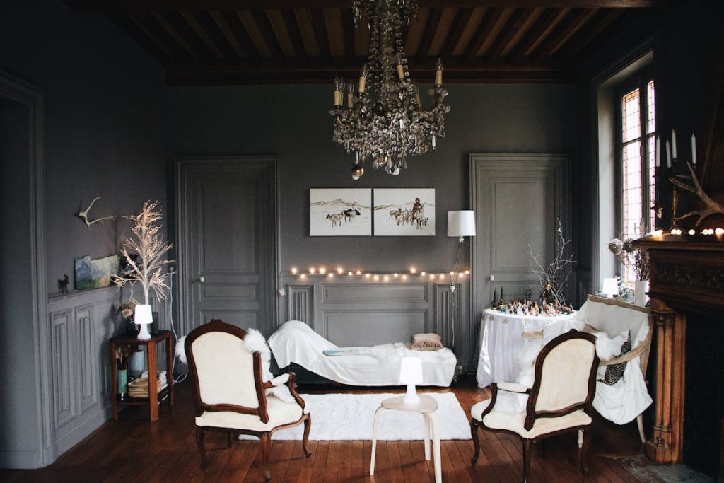 Cozy living room with warm string lights for a watch party atmosphere